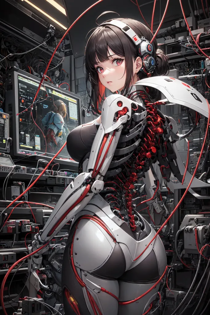 The image is a painting of a young woman with dark hair and red eyes. She is wearing a white and black bodysuit with a red spine. She is also wearing a pair of headphones. The woman is standing in front of a large computer. There are many wires and cables connected to the computer. The woman is looking at the computer. The painting is done in a realistic style. The colors are vibrant and the details are sharp.