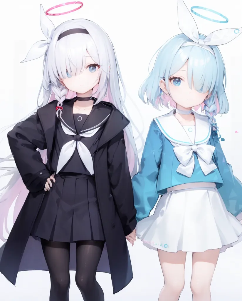 The image shows two cute anime girls with white and blue hair holding hands. They are both wearing black and white sailor服. The girl on the left has a black coat. The girl on the right has a blue skirt. They both have white bows in their hair and halo headband