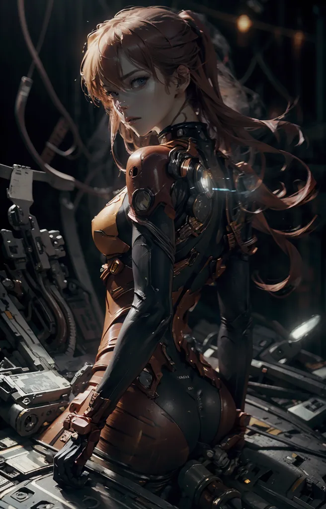 The image is of a woman in a dark room with orange and black armor. She is sitting on a table. There are machines and wires all around her. The woman is looking at the camera with a serious expression. She has long brown hair and orange eyes. She is wearing a black and orange bodysuit with a high collar. The bodysuit has several metallic plates on it. She is also wearing a pair of black gloves and boots. The room is dark and there is a large window in the background. The window is covered in a metal grate.