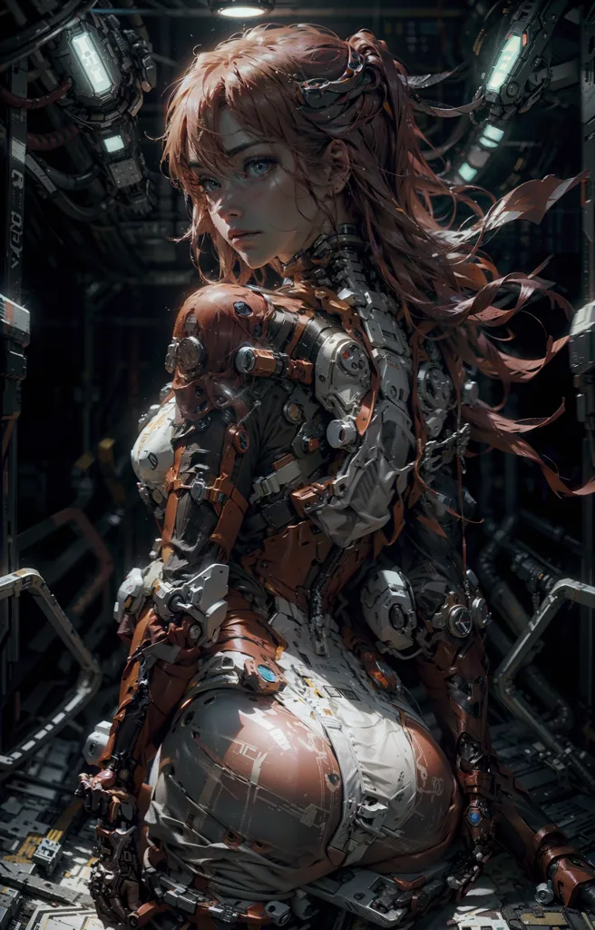 This is an image of a female cyborg. She is wearing a white and orange bodysuit with a lot of mechanical parts showing through. Her hair is long and red, and her eyes are blue. She is standing in a dark room, and there are a lot of machines and wires around her. She is looking over her shoulder at the viewer with a somewhat sad expression on her face.