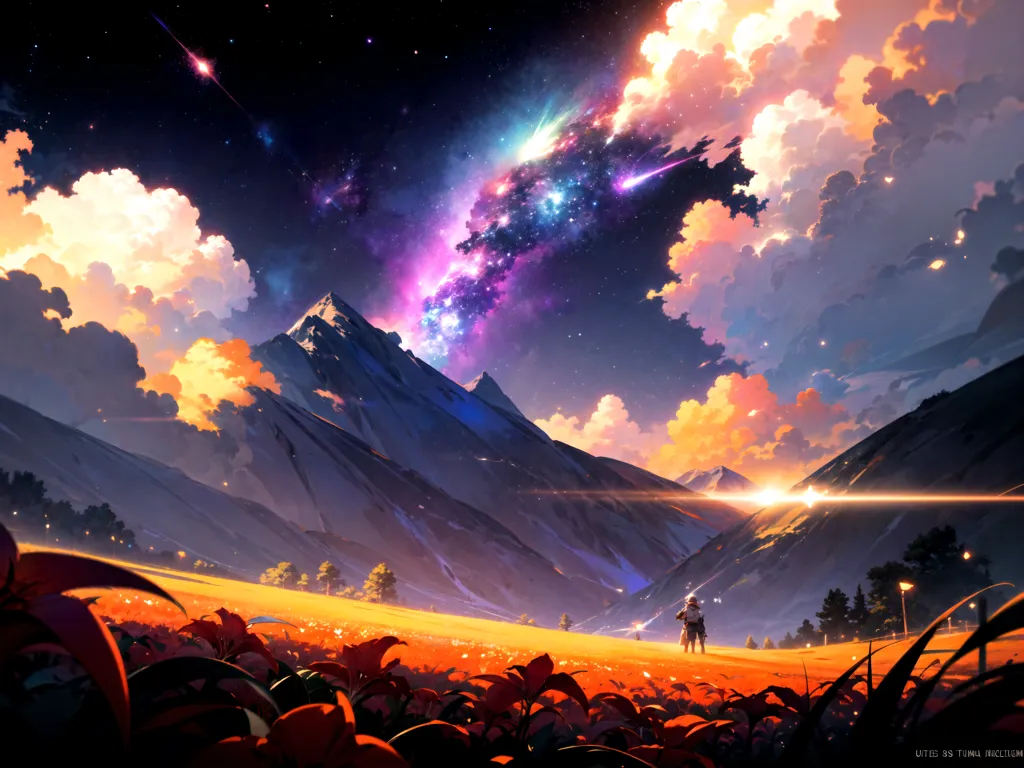 The image is a beautiful landscape painting. It shows a mountain range in the distance, with a starry night sky above. There are clouds in the sky and a bright light in the center of the image. There is a field of flowers in the foreground, with a person standing in the middle of it. The person is looking up at the sky. The painting is done in a realistic style, with vibrant colors and attention to detail.