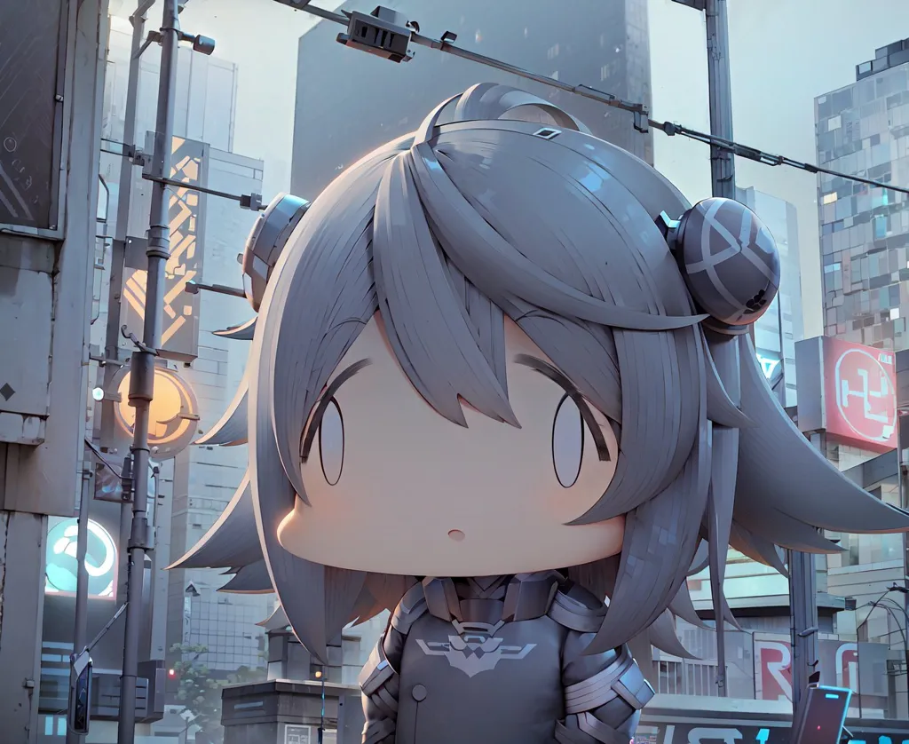 The image is a 3D rendering of a chibi character in a futuristic city. The character is standing in the middle of a street with tall buildings on either side. There are cars and people walking around in the background. The character is wearing a grey and white outfit with a skirt and a jacket. They have grey and blue hair and big blue eyes. They are looking at the viewer with a surprised expression on their face.