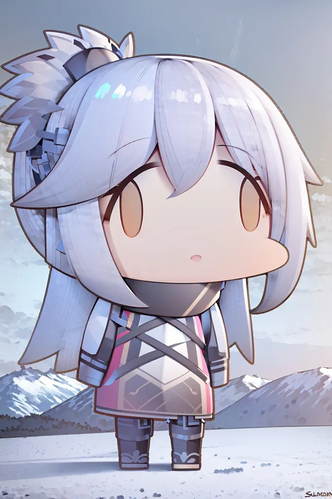 The image is of a chibi character with white hair and yellow eyes. She is wearing a white and gray outfit with a pink scarf. She is standing in a snowy landscape and looking at the viewer with a surprised expression on her face.