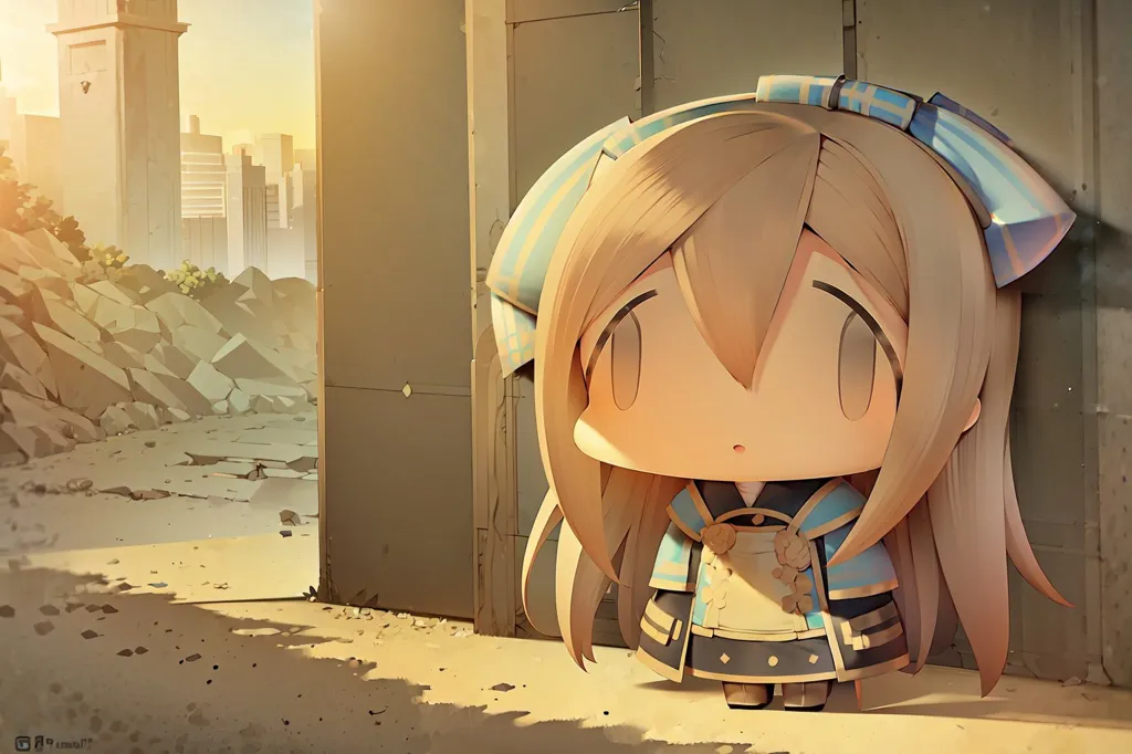 The image is a painting of a chibi character in a post-apocalyptic setting. The character is standing in front of a large, metal door. The door is covered in graffiti and there is a large hole in the wall next to it. The character is wearing a blue and white outfit and has long, brown hair. She is looking at the viewer with a sad expression on her face. The background of the image is a ruined city. There are tall buildings in the distance and the ground is covered in rubble. The image is painted in a realistic style and the colors are muted.