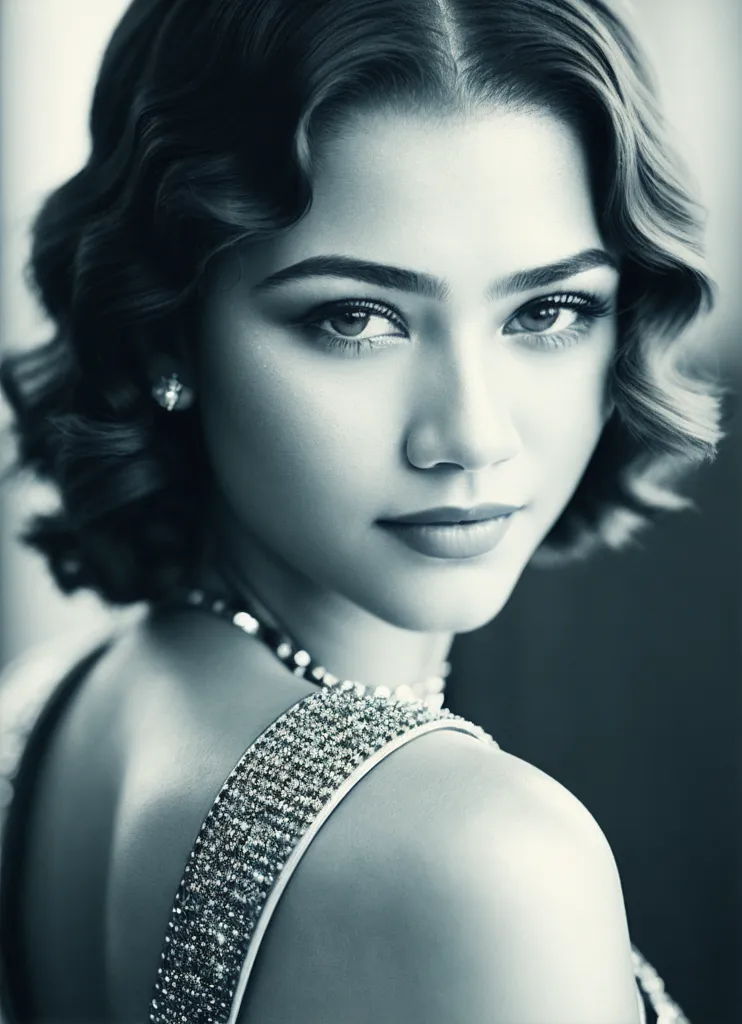 La foto es de una mujer joven con cabello oscuro y ojos claros. Lleva un vestido formal con un corpiño con cuentas y una espalda baja. Su cabello está peinado en una onda vintage y lleva un collar y pendientes. La foto está tomada desde un ángulo alto y la mujer mira a la cámara con una expresión seria. El fondo está desenfocado y es de un color oscuro.