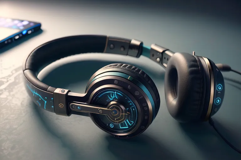 The image is of a pair of black and teal headphones. The headphones have a futuristic design and are made of metal and leather. The ear cups are large and round, and the headband is adjustable. The headphones are wireless and have a built-in microphone. They are also noise-canceling, so they can be used in noisy environments. The headphones are resting on a blue surface. There is a smartphone next to the headphones.