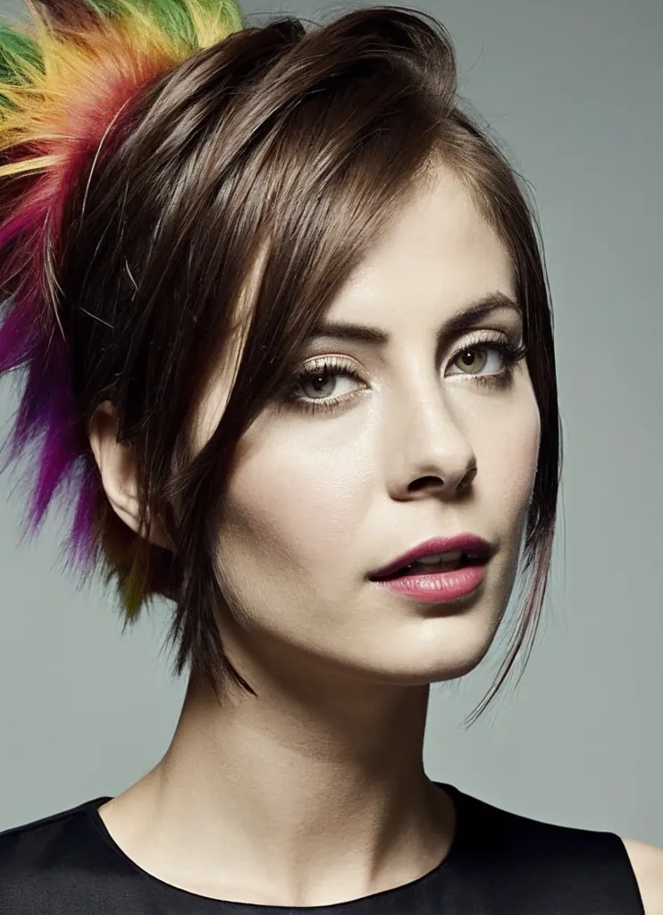 A imagem mostra uma mulher jovem com maquiagem brilhante e um penteado incomum. Ela tem cabelos castanhos com pontas multicoloridas. As pontas do seu cabelo são rosa brilhante, amarelo, verde e azul. Ela está usando sombra escura nos olhos e batom rosa brilhante. A mulher está usando uma camisa preta sem mangas. Ela está olhando para a câmera com uma expressão séria.