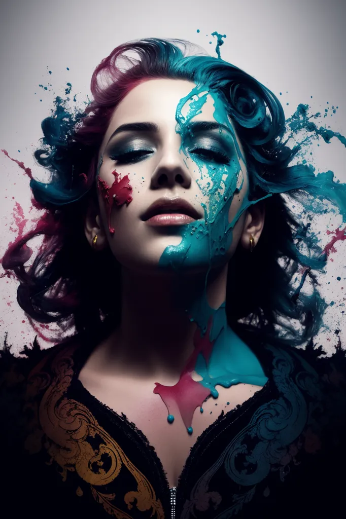 The image is a portrait of a woman. She has blue and pink paint splattered on her face and neck. Her eyes are closed and her expression is serene. She is wearing a black jacket with a gold zipper. The background is white.