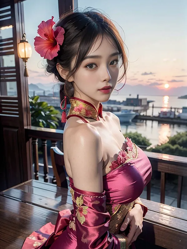 The image shows a young woman wearing a pink and purple cheongsam-style dress with intricate floral embroidery. The dress has an off-the-shoulder neckline and a high collar. The woman's hair is long and black, and she is wearing a pink hibiscus flower in her hair. She is also wearing pink eyeshadow and dark pink lipstick. She is standing in front of a window, and there is a view of the ocean in the background.