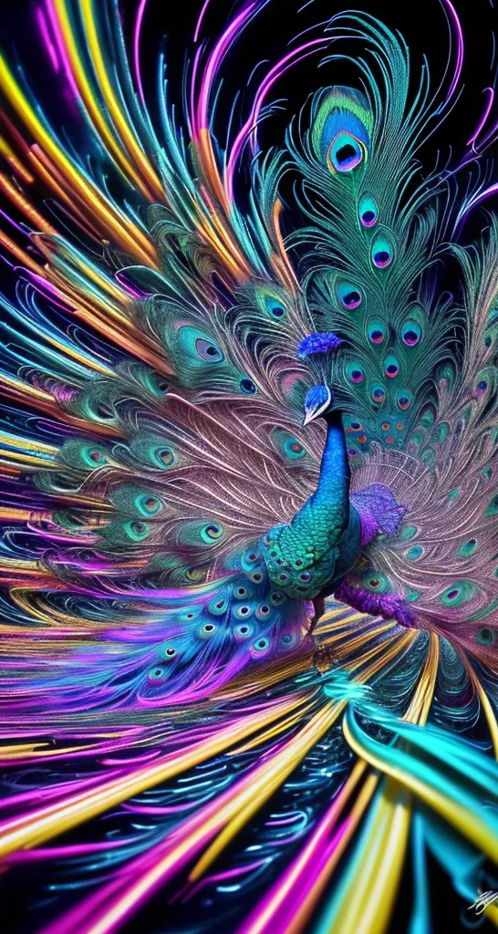 Esta é uma imagem de um pavão com as suas penas espalhadas em forma de leque. As penas do pavão são uma mistura vibrante de cores, incluindo azul, verde, amarelo e roxo. As pontas das penas são de uma cor azul escuro. A cabeça e o pescoço do pavão são de uma cor azul escuro, e o seu bico é amarelo. O pavão está em pé sobre um galho, e há folhas verdes ao fundo.