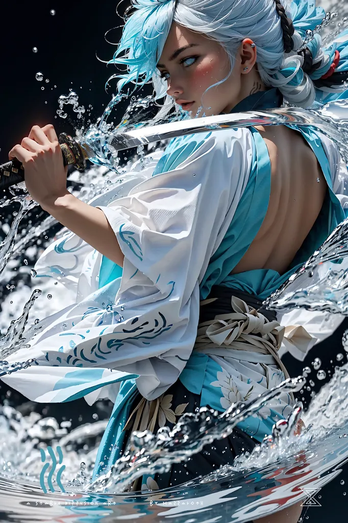 The image is a depiction of a samurai, a warrior from Japan. The samurai is dressed in traditional samurai attire, including a kimono and hakama pants. The samurai is also carrying a katana, a traditional Japanese sword. The samurai is standing in a dynamic pose, ready to attack. The background of the image is a blur of water, which adds to the sense of movement and danger.