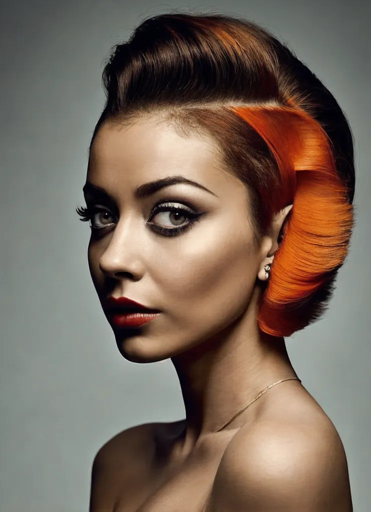 The picture shows a young woman with an unusual hairstyle. Most of her hair is a dark brown color, but the right side is bright orange. The orange section is styled to look like a feather. The woman's makeup is also very dramatic, with dark eyeshadow and bright red lipstick. She is wearing a necklace and an earring on her right ear.