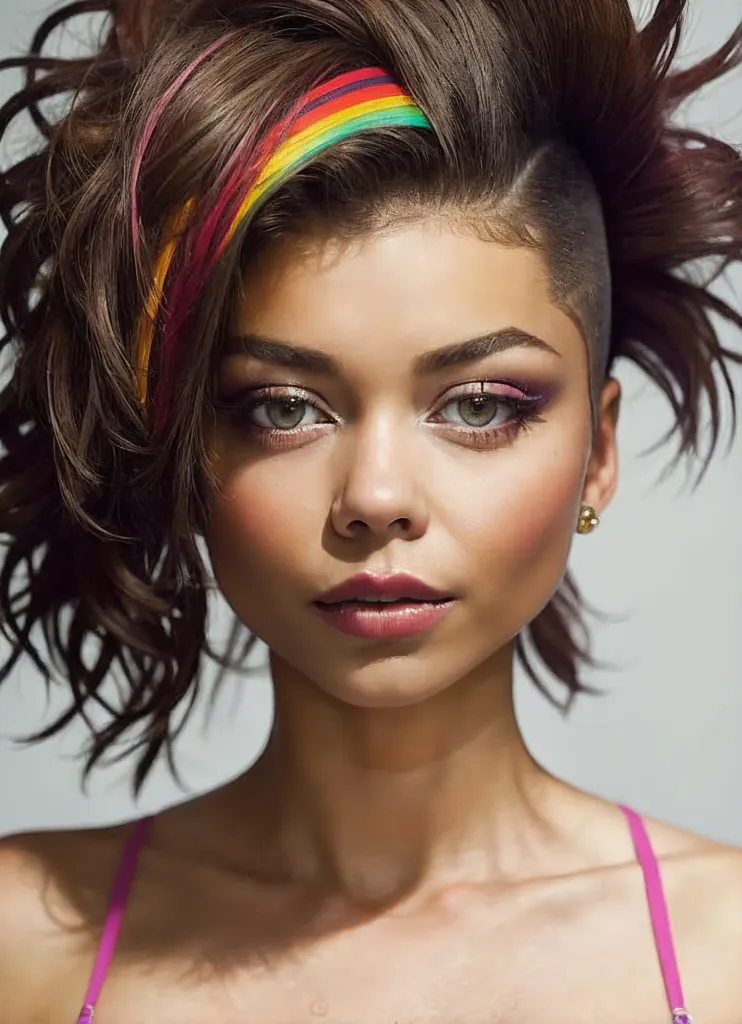 La imagen muestra a una mujer joven con un peinado único y colorido. Tiene el cabello largo de color marrón oscuro, que está rapado de un lado y teñido con colores del arcoíris en el otro. El maquillaje de la mujer también es bastante llamativo, con sombra de ojos oscura y un brillante labial rosa. Lleva un collar negro y una camiseta de tirantes rosa, y tiene una expresión segura en su rostro. La imagen está tomada desde un ángulo cercano, y el fondo está desenfocado.