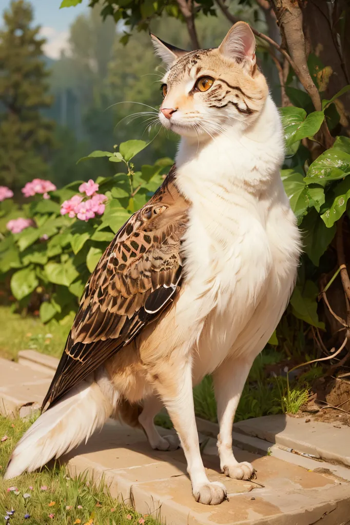 The image shows a cat with the body of a bird. It has the head, tail, and wings of a bird, but the body and legs of a cat. The cat is standing on a stone path in a garden. There are green plants and pink flowers in the background. The cat is looking to the right of the frame.