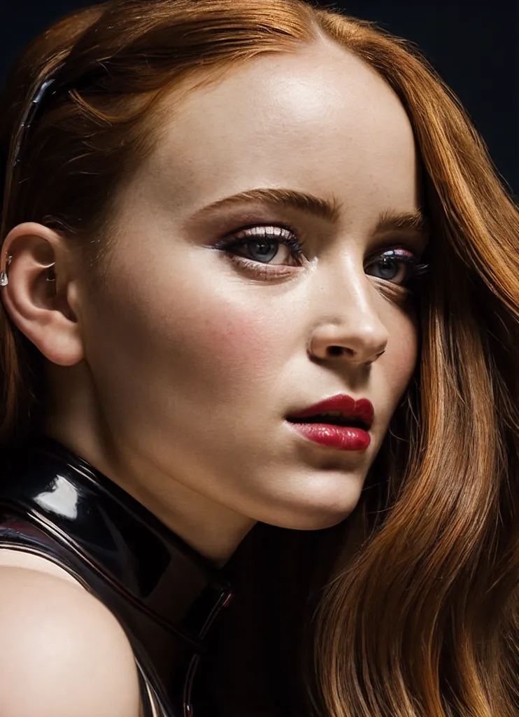 The image shows a young woman with long, red hair. She is wearing a dark-colored, high-collared outfit. The collar appears to be made of latex or another shiny material. She is looking to the right of the frame with her head tilted down slightly. She is wearing dark eyeshadow and bright red lipstick. There is a small hoop earring in her right ear.