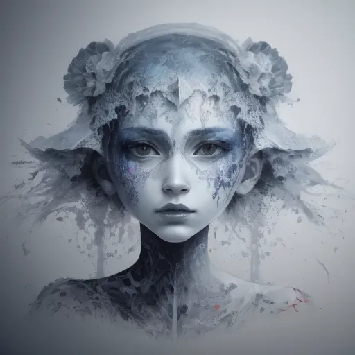 L'image est un portrait d'une jeune femme à la peau bleu pâle et aux cheveux blancs. Elle porte un couvre-chef fait de fleurs et de feuilles. Ses yeux sont bleus et ses lèvres sont légèrement entrouvertes. L'arrière-plan est de couleur bleu clair. L'image est peinte dans un style réaliste et les détails sont très clairs. L'expression de la femme est celle de la sérénité et de la paix. Elle semble perdue dans ses pensées et en paix avec elle-même. L'image est très belle et capture la beauté et la sérénité de la femme.