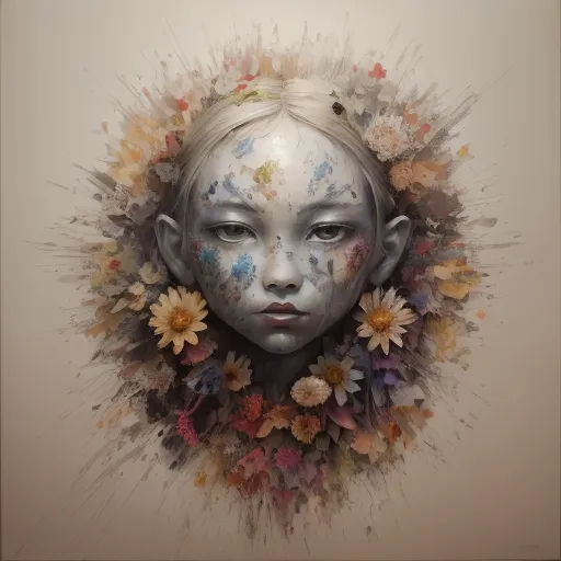 The image is a painting of a young girl with a wreath of flowers around her head. The girl's face is sad and her eyes are downcast. The flowers are colorful and bright, but they seem to be wilting. The background is a light gray. The painting is done in a realistic style, but the girl's expression is so sad that it makes the painting feel eerie.