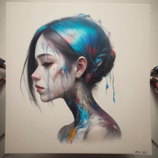 A imagem é uma pintura de uma mulher com cabelo azul e tinta colorida escorrendo pelo rosto e pescoço. Ela está olhando para baixo com os olhos fechados. O fundo é branco e há uma mão segurando um pincel no canto superior esquerdo da pintura.