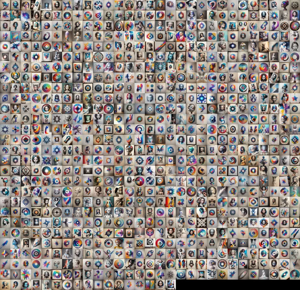 The image is a grid of 100x100 small images. Each of the small images is a portrait of a person's face, and each face is surrounded by a circular or square frame. The frames are made up of different colors and patterns.