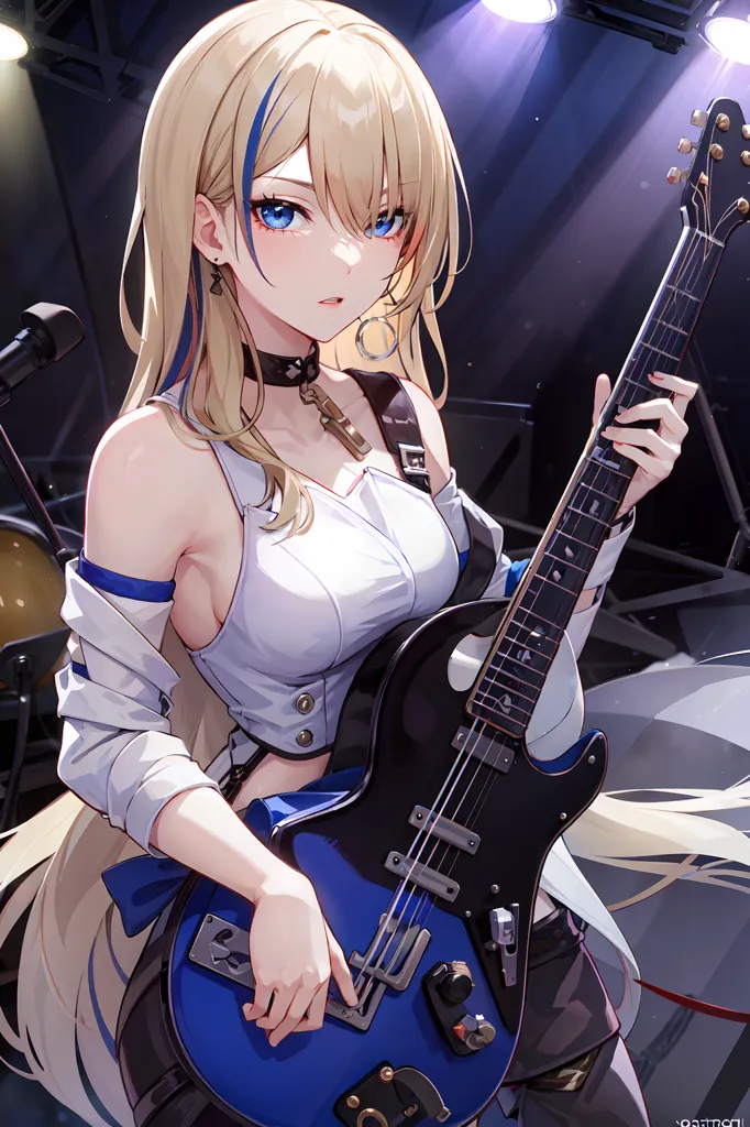 The image is of a young woman with long blonde hair and blue eyes. She is wearing a white crop top and a black choker. She is playing a blue electric guitar. She is standing on a stage with a microphone in the background. There are spotlights shining on her.