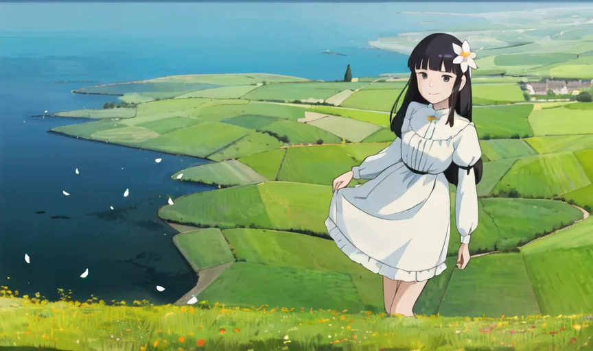 The image is of a young woman standing on a cliff overlooking the ocean. She is wearing a white dress and has a flower in her hair. The background is a lush green landscape with a blue ocean in the distance. The image is peaceful and serene, and captures the beauty of nature.