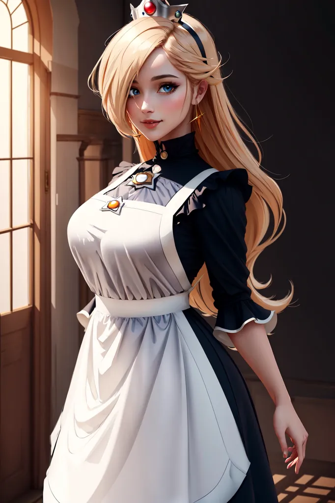 The image is a digital painting of a young woman with long blonde hair and blue eyes. She is wearing a black and white maid outfit with a lacy white apron. The outfit has gold buttons. She is also wearing a gold tiara with a red jewel in the center. She is standing in a hallway with a large window in the background. The window is letting in a bright light.