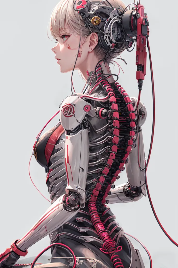 The picture shows a female cyborg with blonde hair and red eyes. She is wearing a black and red outfit and has a lot of wires and mechanical parts attached to her body including her spine. She is also wearing a pair of headphones.