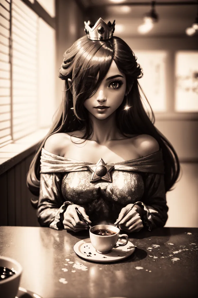 The image is in black and white. It shows a woman with long brown hair sitting at a table in a restaurant. She is wearing a crown and a dress with a star on the front. She is holding a teacup in her hands. There is another teacup on the table.