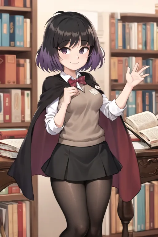 The image shows a young woman standing in a library. She is wearing a white blouse, a black skirt, a red bow tie, and a purple cape. She has short black hair and purple eyes. She is smiling and waving. There are bookshelves all around her.