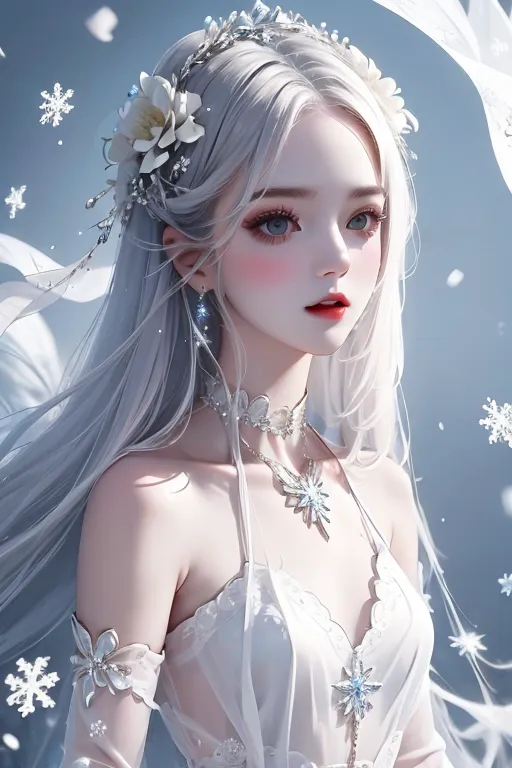 La imagen es una pintura digital de una hermosa mujer joven con cabello blanco largo y ojos azules. Ella está usando un vestido blanco con un escote de corazón y una abertura alta. El vestido está ribeteado con piel y ella está usando un collar con una gema azul grande en el centro. Su cabello está recogido en un moño suelto y está usando una diadema de flores blancas. Ella está de pie frente a un fondo azul con copos de nieve cayendo.