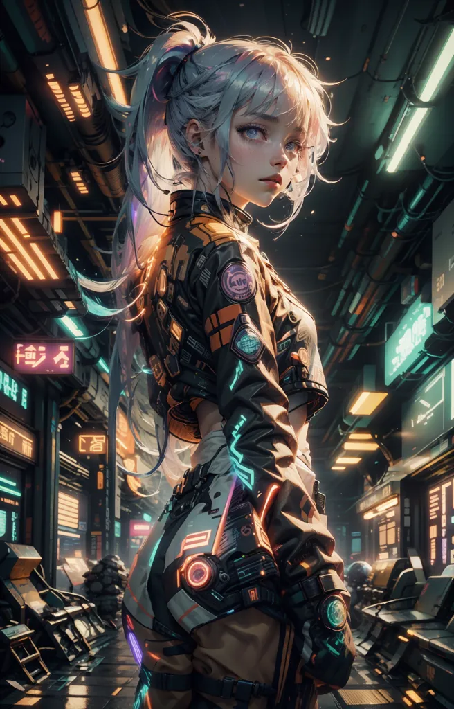 This is an image of a young woman standing in a futuristic city. She is wearing a black and orange jacket, a white crop top, and black pants. She has a ponytail and blue eyes. She is also wearing a pair of futuristic glasses. The background of the image is a city with many tall buildings and neon lights.