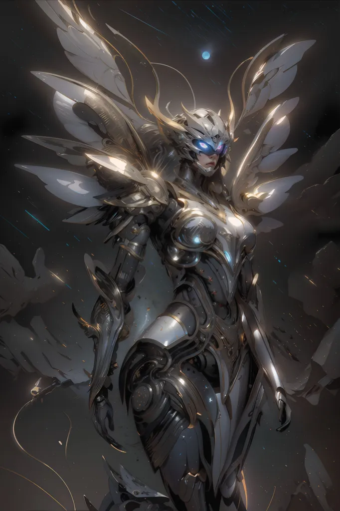 This is an image of a woman wearing a technologically advanced suit of armor. The armor is mostly silver with gold accents and has large white and gold wings. The woman's face is mostly obscured by a helmet with a blue visor.