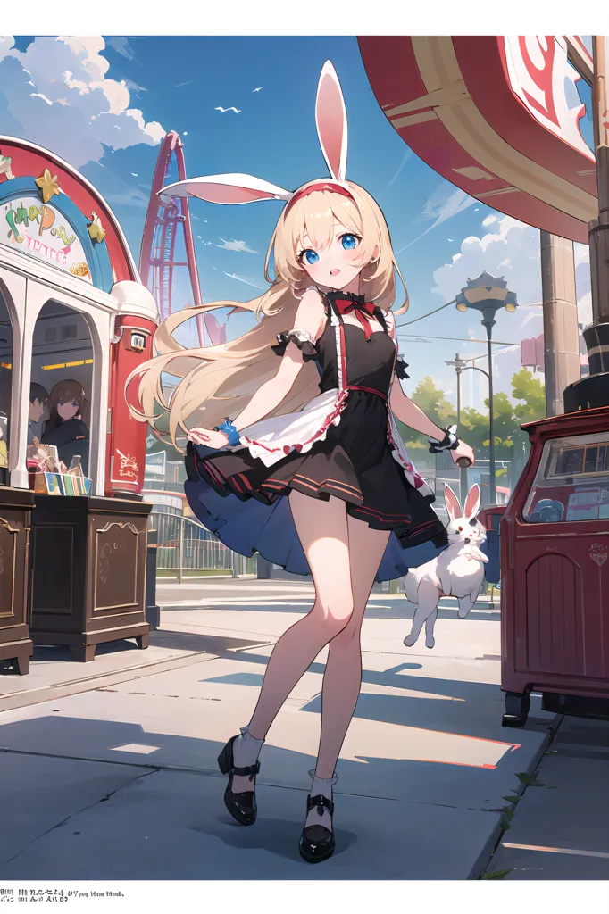 The image is of a young woman with long blonde hair and blue eyes. She is wearing a black and white dress with a blue apron. She has rabbit ears and a rabbit tail. She is standing in a street with a carnival or fair in the background. There are a couple of people in the background. One person is buying food at a stand. There are also a couple of rides in the background. The sky is blue and there are some clouds in the sky.