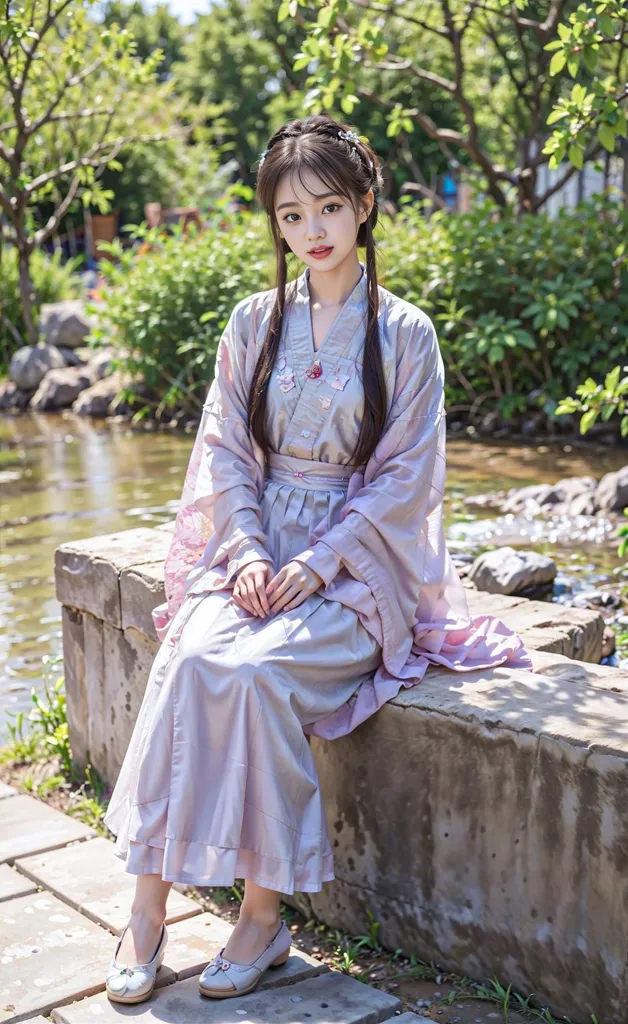 The image shows a young woman wearing a traditional Chinese dress, or Hanfu, sitting on a stone bench in a garden. The dress is pink and white, with a long skirt and a short jacket. The woman's hair is long and black, and she is wearing a traditional Chinese hairstyle with two buns on top of her head. She is also wearing light makeup, with pink blush and red lipstick. The background of the image is a lush green garden, with trees and flowers.