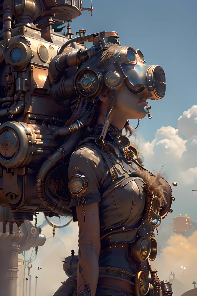 The image is of a steampunk woman. She is wearing a brown leather vest with lots of buckles and straps. She has a large steampunk backpack on her back with lots of pipes and gauges. She is also wearing a steampunk mask with goggles. Her hair is dark brown and she has a confident expression on her face. She is standing in a post-apocalyptic wasteland. There are large buildings and towers in the background. The sky is cloudy and there is a hint of sunlight breaking through the clouds.