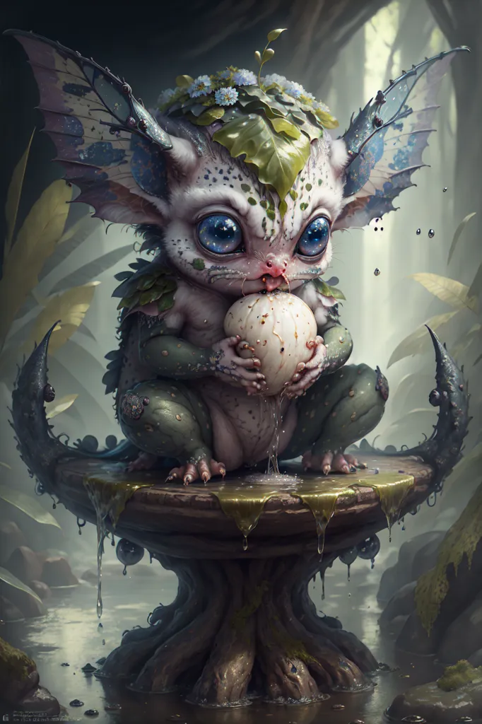 This image shows a small, mythical creature sitting on a stone pedestal. The creature is mostly white with green patches on its body. It has large, blue eyes and a small, pointed nose. Its ears are large and leaf-shaped, and it has a pair of small, vestigial wings on its back. The creature is holding a white egg in its hands. The pedestal is decorated with leaves and flowers, and there is a small pool of water at its base. The creature is surrounded by a dark forest.