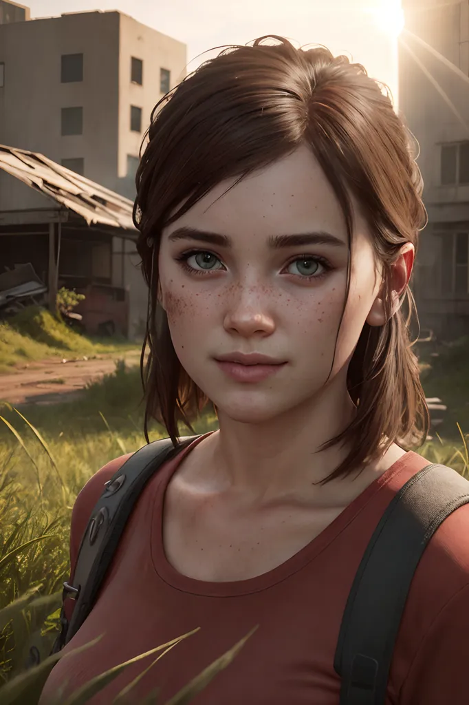 The image shows a young woman with short brown hair and green eyes. She is wearing a red tank top and a brown backpack. She is standing in a field of tall grass, and there is a ruined building in the background. The woman's expression is one of determination and resolve. She seems to be ready to face whatever challenges come her way.