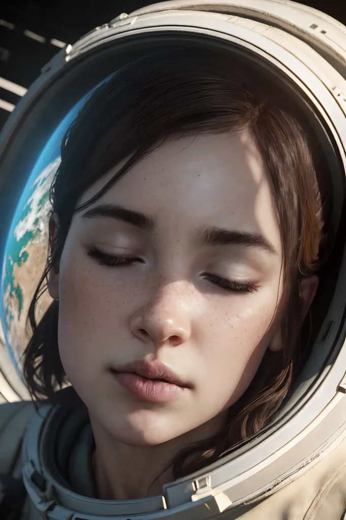 L'image montre une jeune fille aux yeux fermés portant un casque spatial avec le reflet de la Terre dans la visière. La fille a les cheveux bruns. Elle porte une combinaison spatiale de couleur claire avec un sous-vêtement de couleur foncée. La combinaison spatiale a un motif qui n'est pas facilement discernable. L'arrière-plan de l'image est noir.