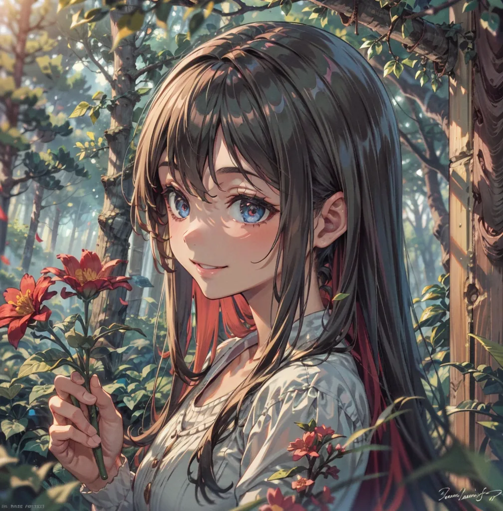 The image is a portrait of a young woman with long brown hair and blue eyes. She is standing in a forest, surrounded by red and pink flowers. The woman is smiling and has a gentle expression on her face. She is wearing a white blouse with a white camisole underneath. The image is drawn in a realistic style and the colors are vibrant and lifelike.