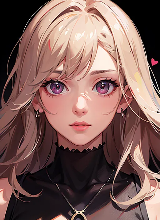 La imagen es una pintura digital de una mujer joven con el cabello largo y rubio, y ojos púrpura. Lleva un collar negro y un collar dorado con un colgante circular. El fondo es oscuro. La expresión de la mujer es suave y gentil.