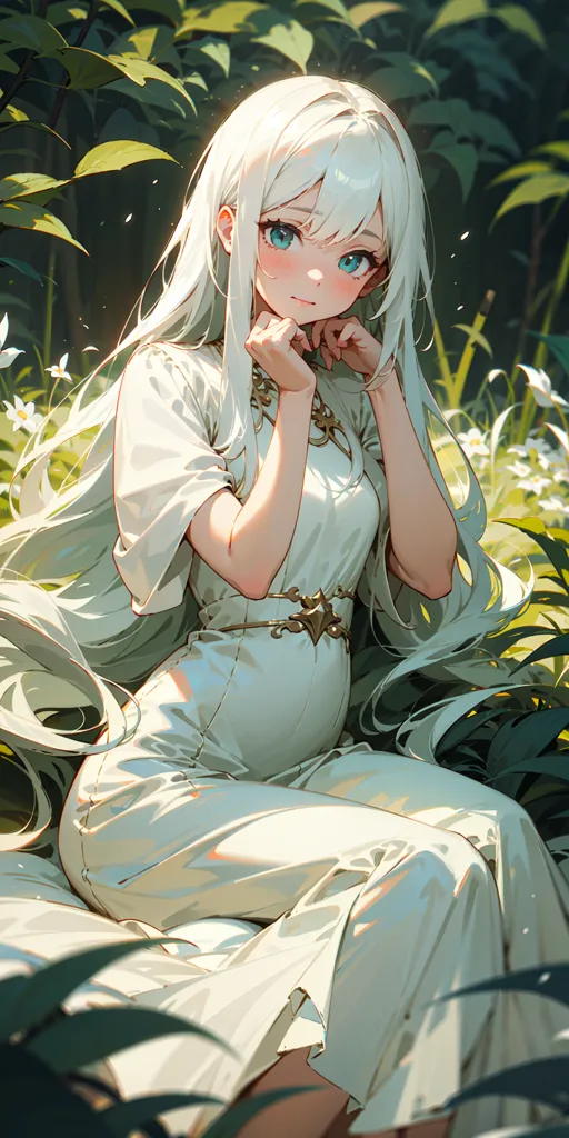 The image is a painting of a beautiful anime girl with long white hair and blue eyes. She is wearing a white dress and is sitting in a field of green grass and white flowers. The girl is smiling and has her hands clasped together in front of her chest. The background is a blur of green leaves and flowers. The painting is done in a realistic style and the colors are vibrant and lifelike.