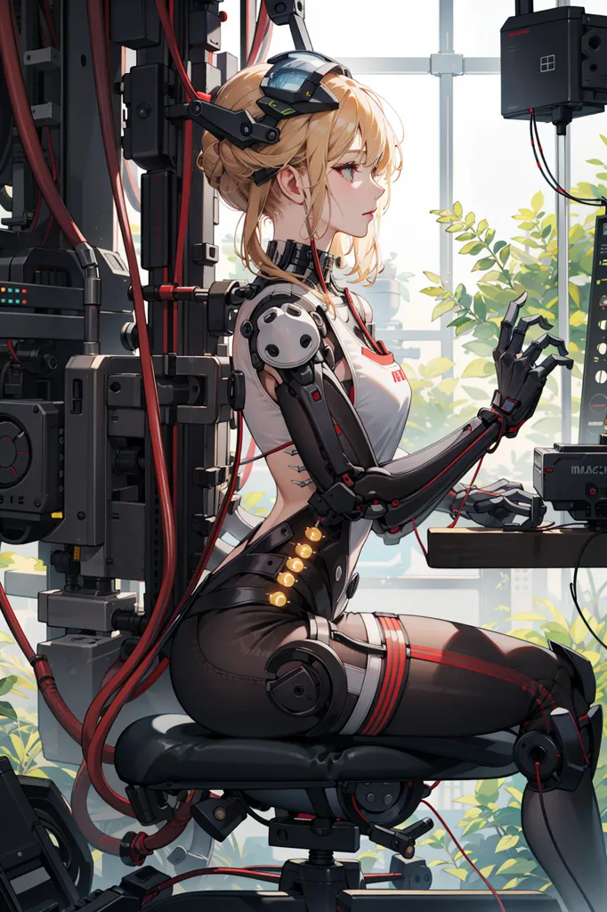 The image is a painting of a young woman with blonde hair and blue eyes. She is wearing a white tank top and black shorts. She is sitting in a chair in front of a computer. She has a robotic arm and leg. She is also wearing a headset. There are a lot of wires and electronic equipment around her. The image is set in a modern laboratory.