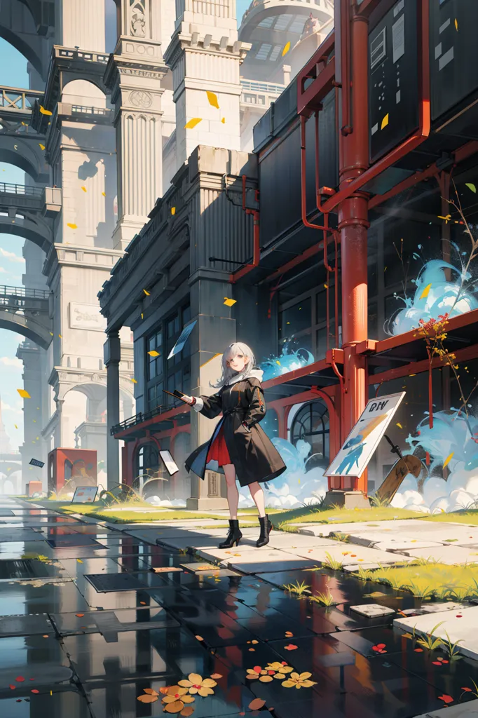 The image is a beautiful anime-style illustration of a girl walking down a city street. The girl is wearing a black coat and a red skirt, and she has white hair and blue eyes. She is carrying a briefcase and there are papers flying around her. The street is lined with tall buildings and there is a bridge in the background. The sky is blue and there are some clouds in the distance. The image is very detailed and the colors are vibrant.