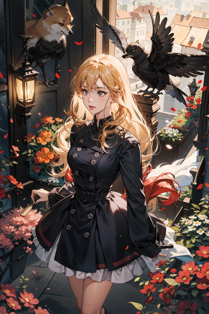 The image is a painting of a young woman standing in a garden. She is wearing a black dress with a white collar and a red sash. Her long blond hair is flowing in the wind. She has a lantern in her left hand and a book in her right hand. A black cat is sitting on the railing to her right, and a raven is perched on the railing to her left. There are flowers of various colors blooming in the garden. The background is a cityscape with buildings and trees.