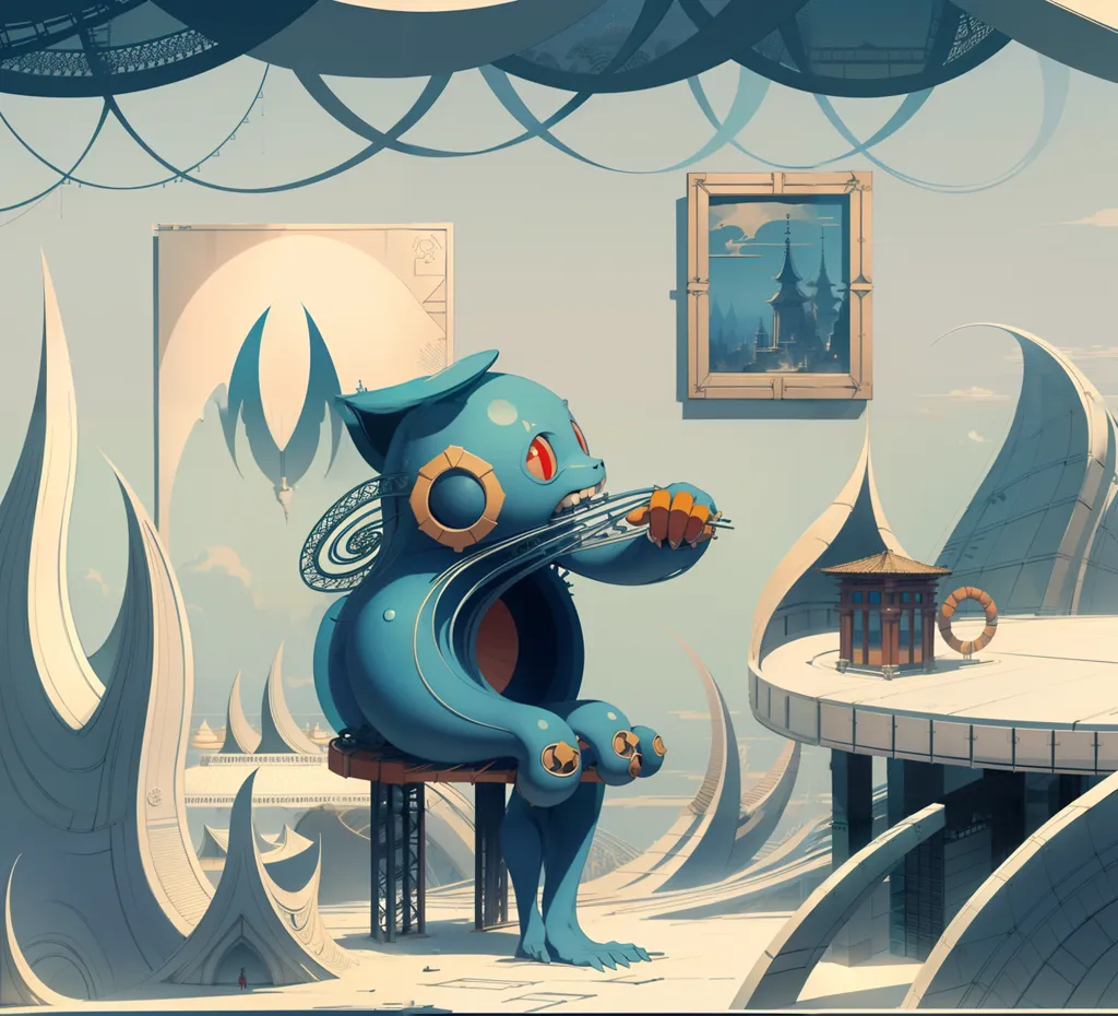 The image is a surreal and whimsical depiction of a blue cat-like creature playing a violin. The creature is sitting on a chair in a vast, white space. The space is filled with strange and wonderful structures, including a large, ornate mirror, a floating pagoda, and a number of otherworldly plants and creatures. The creature is playing the violin with great skill and passion, and its music seems to fill the air with a sense of joy and wonder. The image is full of vibrant colors and intricate details, and it is clear that the artist has put a great deal of thought and creativity into its creation.