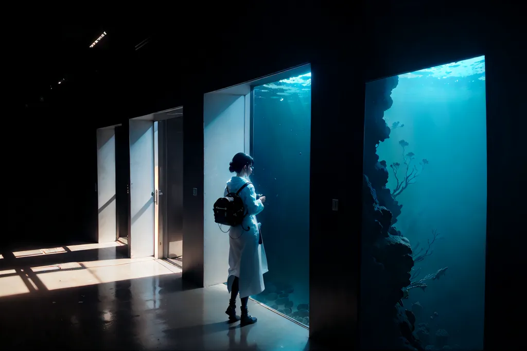 A woman is standing in a dark room looking at a large aquarium. The light from the aquarium is reflecting off her face. She is wearing a white lab coat and a backpack. The aquarium is full of colorful fish and plants.