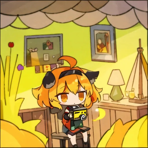 The image shows a small, orange-haired girl sitting in a chair in a cozy, yellow-themed room. She is wearing a black and red outfit and has a camera in her hands. The room is decorated with various items, including a picture of a flower field and a lamp. The girl is looking at the camera with a thoughtful expression on her face.