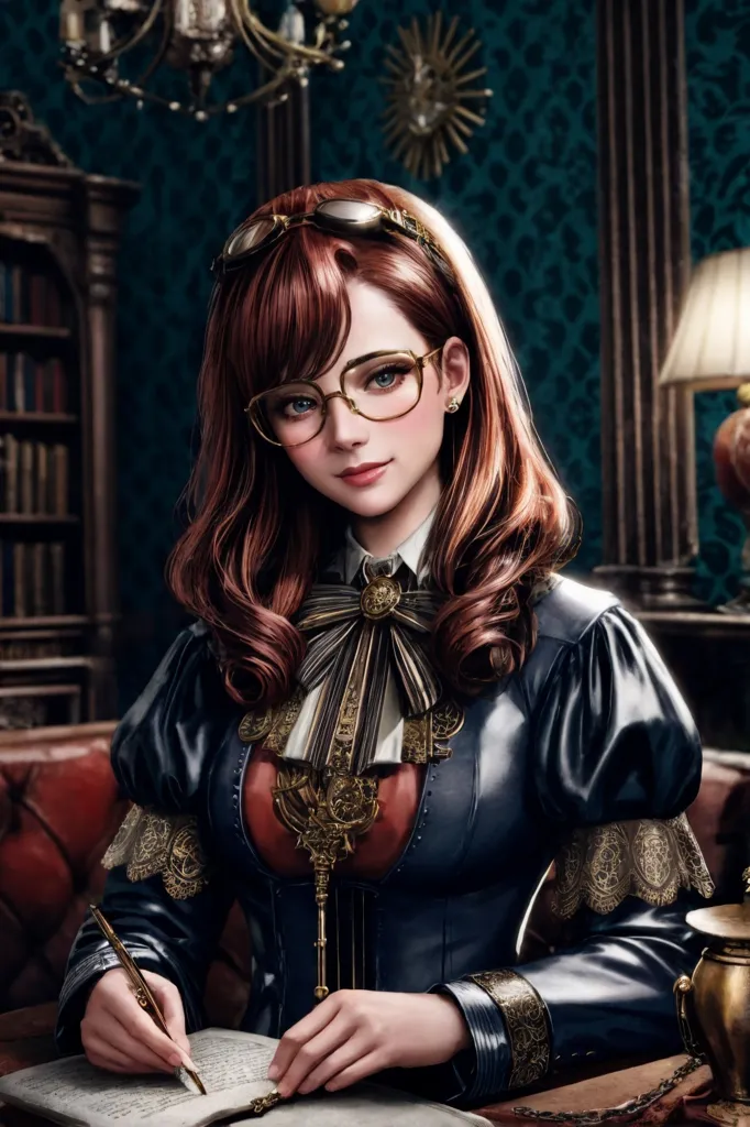 The image is of a beautiful young woman with long red hair and brown eyes. She is wearing a black leather corset with a white lace jabot and a pair of steampunk goggles. She is sitting at a desk, writing in a book with a quill pen. There is a lamp on the desk, and a book case and clock are behind her.