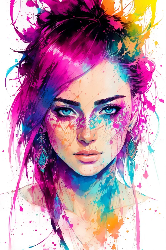 The image is a painting of a woman with bright pink hair. She has blue eyes and dark eyebrows. Her face is covered in colorful paint splatters. She is wearing a white shirt and has a colorful necklace on. The background is white.