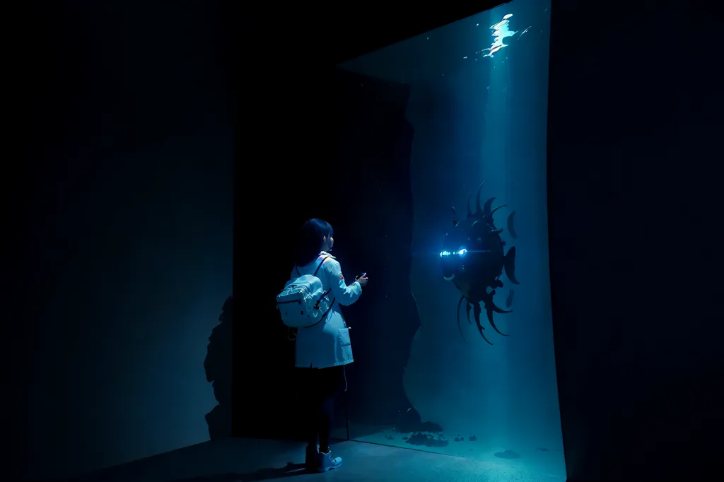 A girl is looking at a glowing fish in a dark room. The fish is inside a glass wall and the girl is outside. The fish is black and has many fins and the girl is wearing a white coat.